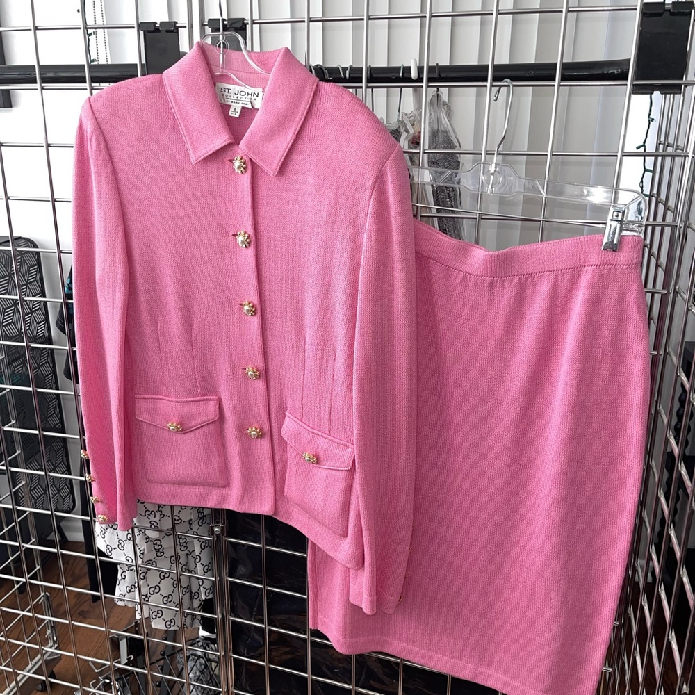 St. John Collection Pink Jacket & Skirt Set with Gold Accents